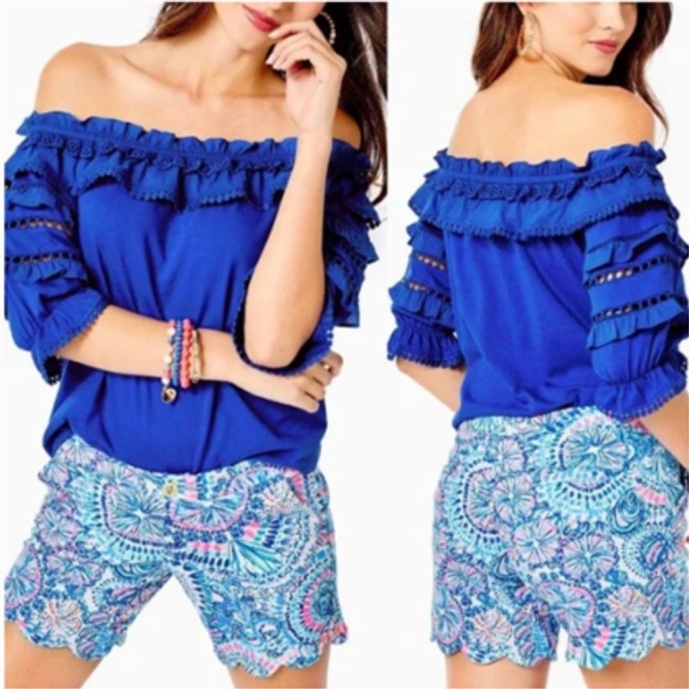 Lilly Pulitzer Brentwood Off-The-Shoulder Top Ruffle Blue Grotto